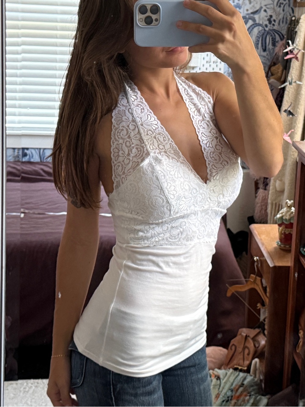 Vintage Y2K Forever 21 White Lace Halter Tank Top Cotton Basic Minimal